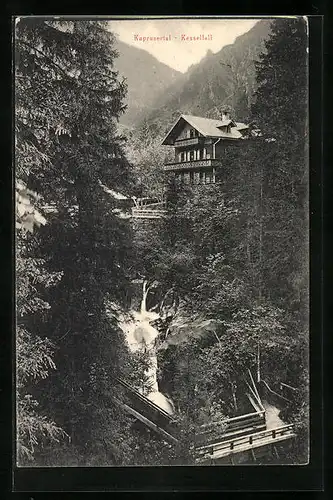 AK Kesselfall mit Berghütte im Kaprunertal, Wasserfall