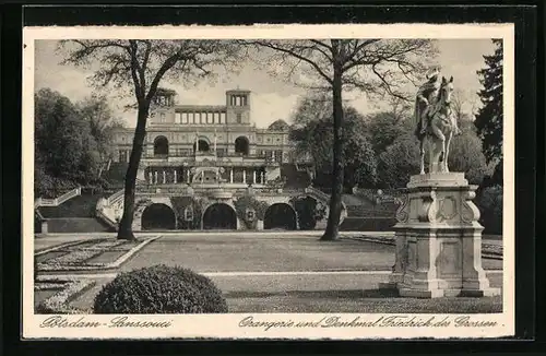 AK Potsdam, Schloss Sanssouci, Orangerie und Denkmal Friedrich des Grossen