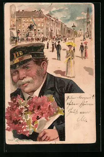 Künstler-AK Page mit Blumenstrauss auf der Strasse