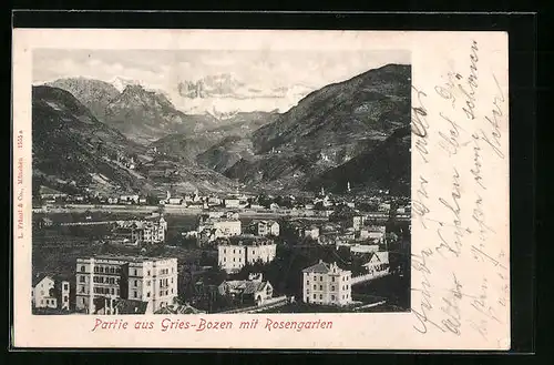 AK Gries-Bozen, Teilansicht mit Blick zum Rosengarten