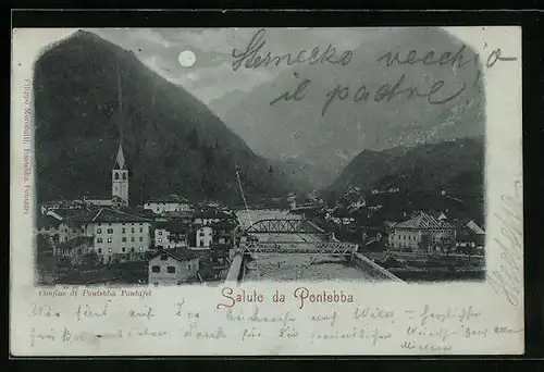 Mondschein-AK Pontebba, Panorama mit Kirche