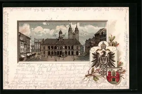 Passepartout-Lithographie Magdeburg, Alter Markt mit Kurhaus und Johanniskirche, Wappen