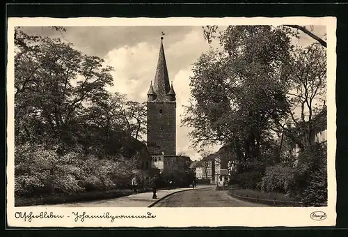 AK Aschersleben, Johannispromenade mit Kirchblick