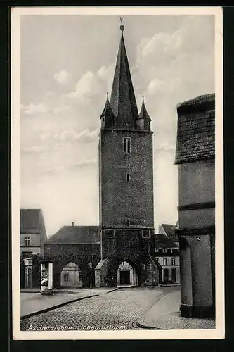 AK Aschersleben, Strassenansicht mit Johannisturm