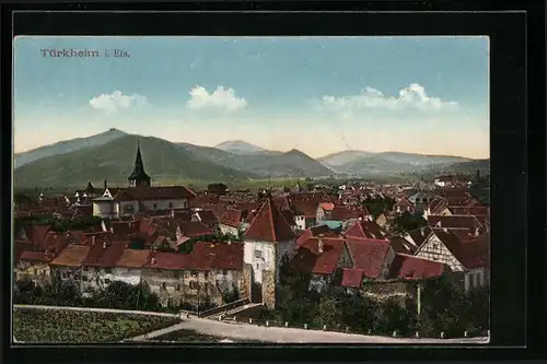 AK Türkheim, Unteres Tor mit der Fechtbrücke, Ortsansicht aus der Vogelschau