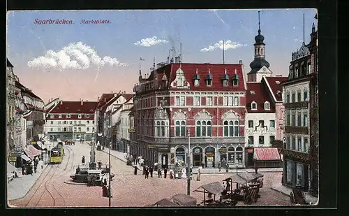 AK Saarbrücken, Marktplatz mit Strassenbahn