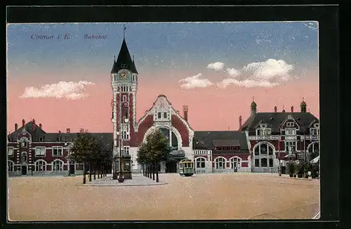 AK Colmar, Bahnhof mit Strassenbahn