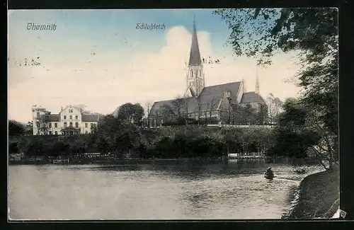 AK Chemnitz, Schlossteich mit Gasthaus Schlossgarten und Kirche