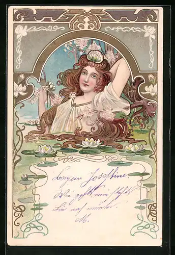 AK Junge Frau im Wasser mit Seerosen, Jugendstil