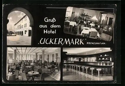 AK Prenzlau /Uck., Hotel Uckermark - Gebäude, Bar, Speiseraum