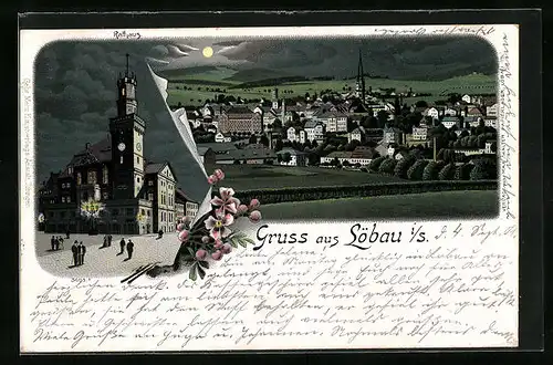 Mondschein-Lithographie Löbau, Rathaus, Totalansicht bei Nacht