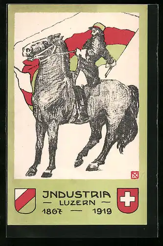 Künstler-AK Luzern, Student der Industria mit Fahne auf Pferd