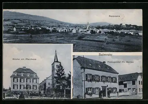 AK Salmrohr, Postagentur Ph. Mertes, Kirche mit Pfarrhaus