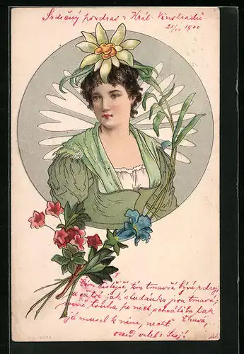 Künstler-AK Junge Frau mit Edelweissblüte auf dem Kopf, Blumenstrauss, Jugendstil