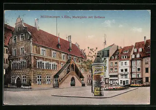 AK Mülhausen i. Els., Marktplatz mit Rathaus und Litfasssäule