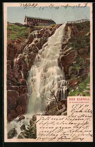 Lithographie Der Elbfall mit Elbfallbaude im Riesengebirge