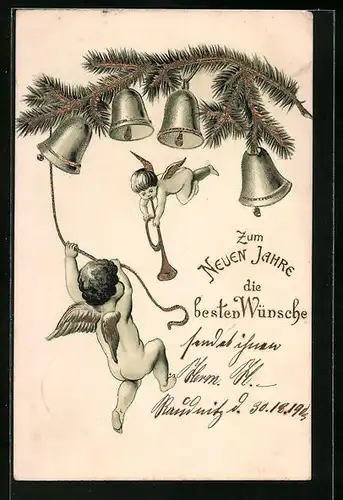 AK Weihnachtsengel mit Glocken am Tannenzweig