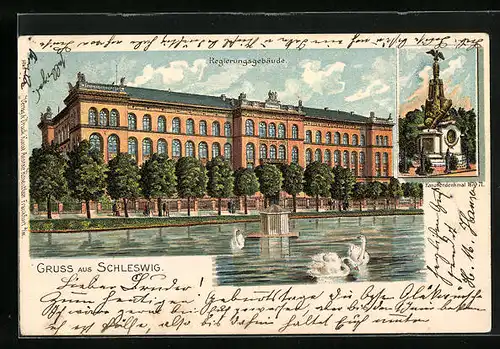 Lithographie Schleswig, Regierungsgebäude, Kanonendenkmal