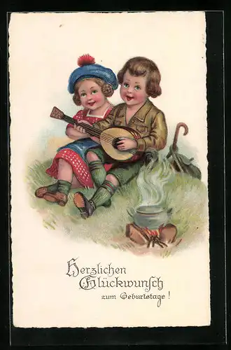 Künstler-AK Kinderpärchen mit Mandoline - Geburtstagsgruss