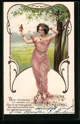 AK Dame in Tunika mit Schmetterling, Jugendstil