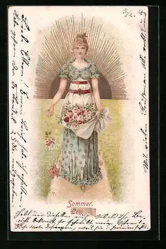 Künstler-AK Sommer, Junge Frau mit Blumen in der Schürze, Jugendstil