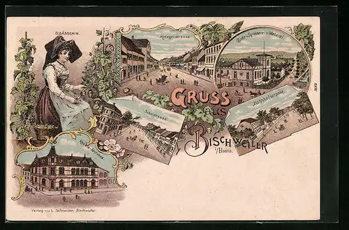 Lithographie Bischweiler, Jute-Spinnerei und Weberei, Kronen-Apotheke, Schulstrasse