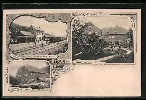 AK Linse /Weser, Gasthaus zum Eckberg, Bahnhof