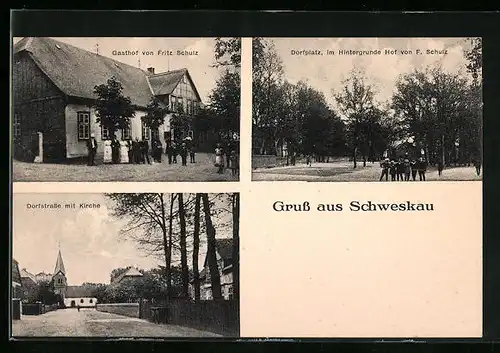 AK Schweskau, Gasthof von Fritz Schult, Dorfstrasse mit Kirche