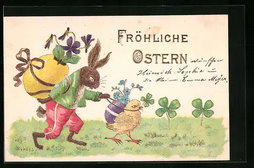 AK Osterhase und Osterküken mit Eiern