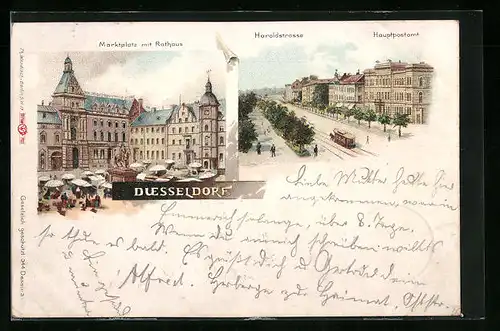 Lithographie Düsseldorf, Marktplatz mit Rathaus, Haroldstrasse, Hauptpostamt