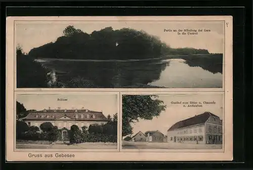 AK Gebesee, Partie an der Mündung der Gera, Schloss, Gasthof zum Ritter