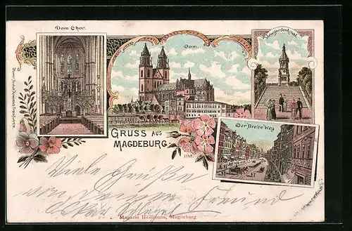 Lithographie Magdeburg, Dom, Kriegerdenkmal, Der Breite Weg