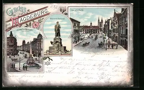 Lithographie Magdeburg, Der alte Markt, Bismarck-Denkmal, Hasselbachbrunnen