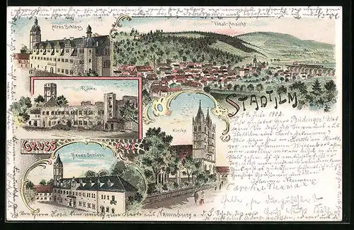 Lithographie Stadtilm, Altes schloss, Neues Schloss, Ruine