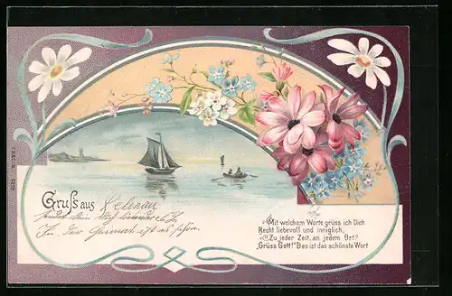 Lithographie Landschaftsbild mit Segelbooten, Blüten- und Blumenornamente, Jugendstil