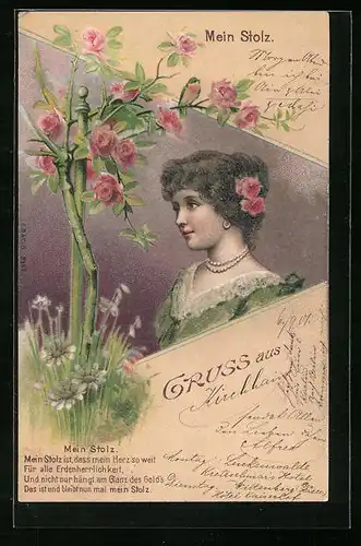 AK Mein Stolz, Fräulein mit Blumen im Haar, Rosenstamm im Jugendstil, Glitzer