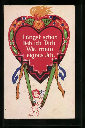 AK Amor schaukelt an einem Lebkuchen mit dem Spruch Längst scon lieb ich Dich Wie mein eignes Ich