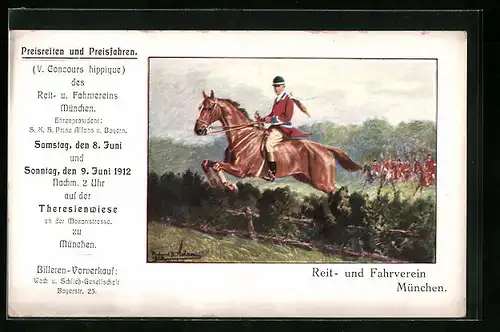 Künstler-AK München, Preisreiten und Preisfahren 1912, Theresienwiese, Reit- und Fahrverein, Jockey mit Pferd