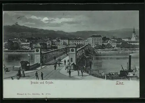 Mondschein-AK Linz, Brücke und Urfahr