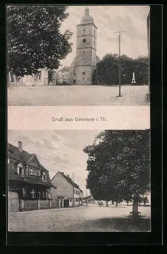 AK Gebesee /Th., Ortspartie mit Kirche, Strassenpartie