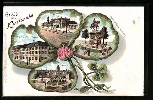 Passepartout-Lithographie Karlsruhe, Schloss, Bahnhof, Gasthaus Goldene Traube, Kleeblatt