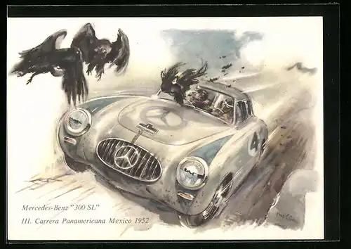 Künstler-AK Auto vom Typ Mercedes-Benz 300 SL bei der III. Carrera Panamericana Mexico 1952