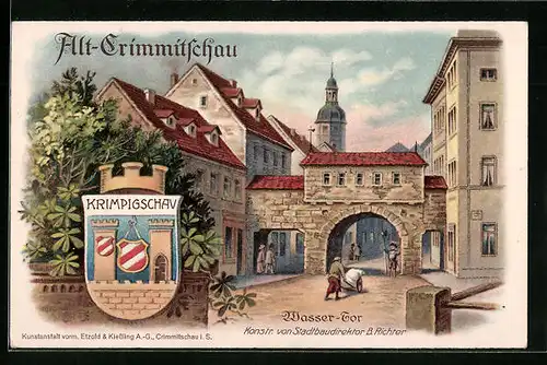 Lithographie Crimmitschau, Wasser-Tor und Wappen Krimpigschau - Karte zur Stadtrechtsfeier 1914