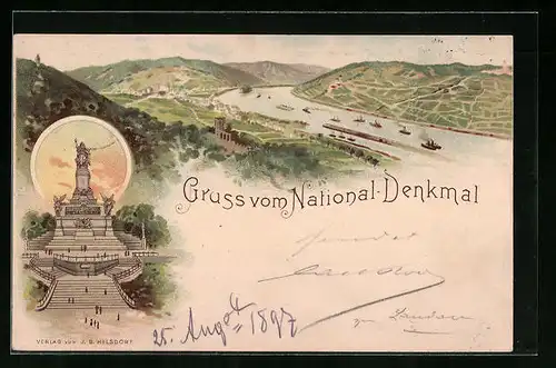 Lithographie Rüdesheim, Nationaldenkmal, Teilansicht