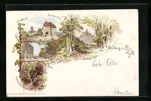 Lithographie Wartburg, Eingang, Landgrafenhaus & Drachenschlucht