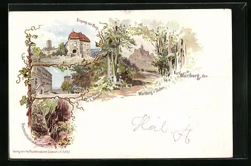 Lithographie Wartburg, Eingang, Landgrafen-Haus und Drachenschlucht