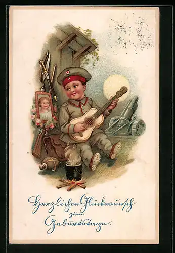 Lithographie Kinder Kriegspropaganda, junger Soldat singt ein Geburtstagslied