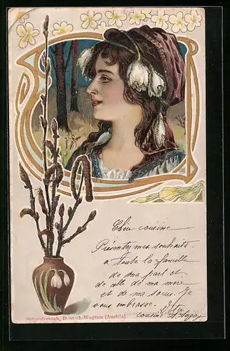 Lithographie Fräulein mit Maiglöckchen im Haar, Ornamente im Jugendstil