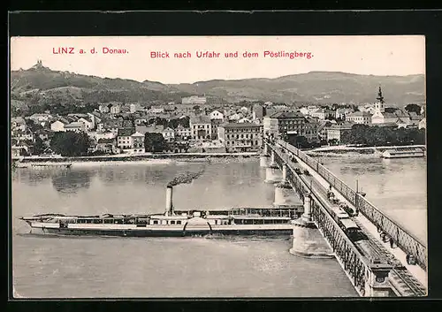 AK Linz a. d. Donau, Blick nach Urfahr und dem Pöstlingsberg mit Brücke und Dampfer