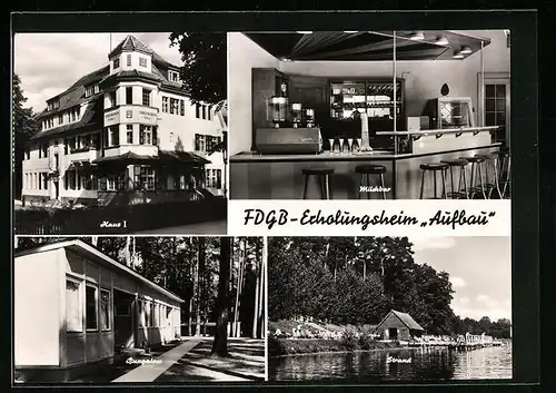 AK Templin /U. M., FDGB-Erholungsheim Aufbau, Bungalow, Strand